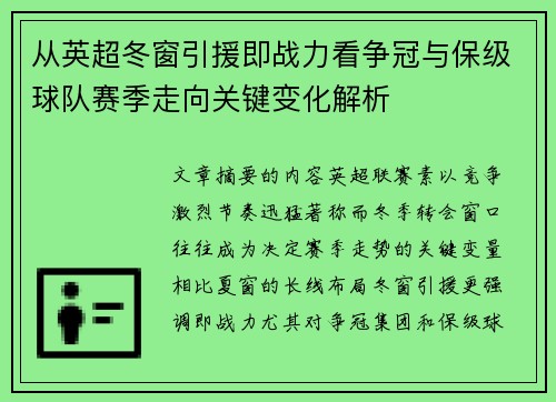 从英超冬窗引援即战力看争冠与保级球队赛季走向关键变化解析 从英超冬窗引援即战力看争冠与保级球队赛季走向关键变化解析